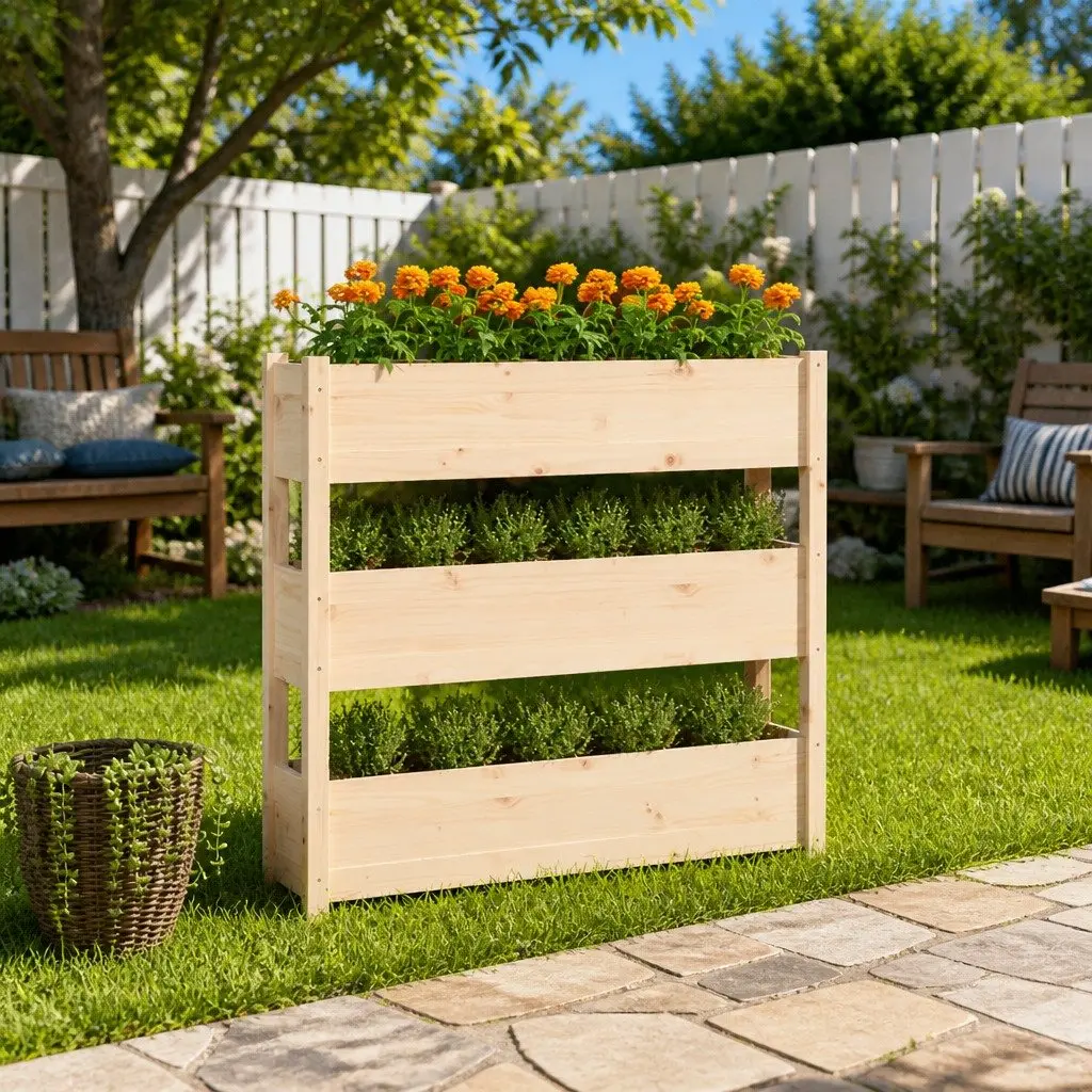 Wooden Garden Planter Raised Bed 112x25x104.5 cm Pine 3 Flower Boxes