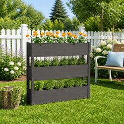 Wooden Planter Box Grey 112x25x104.5cm Raised Bed 3 Flower Boxes Garden Decor