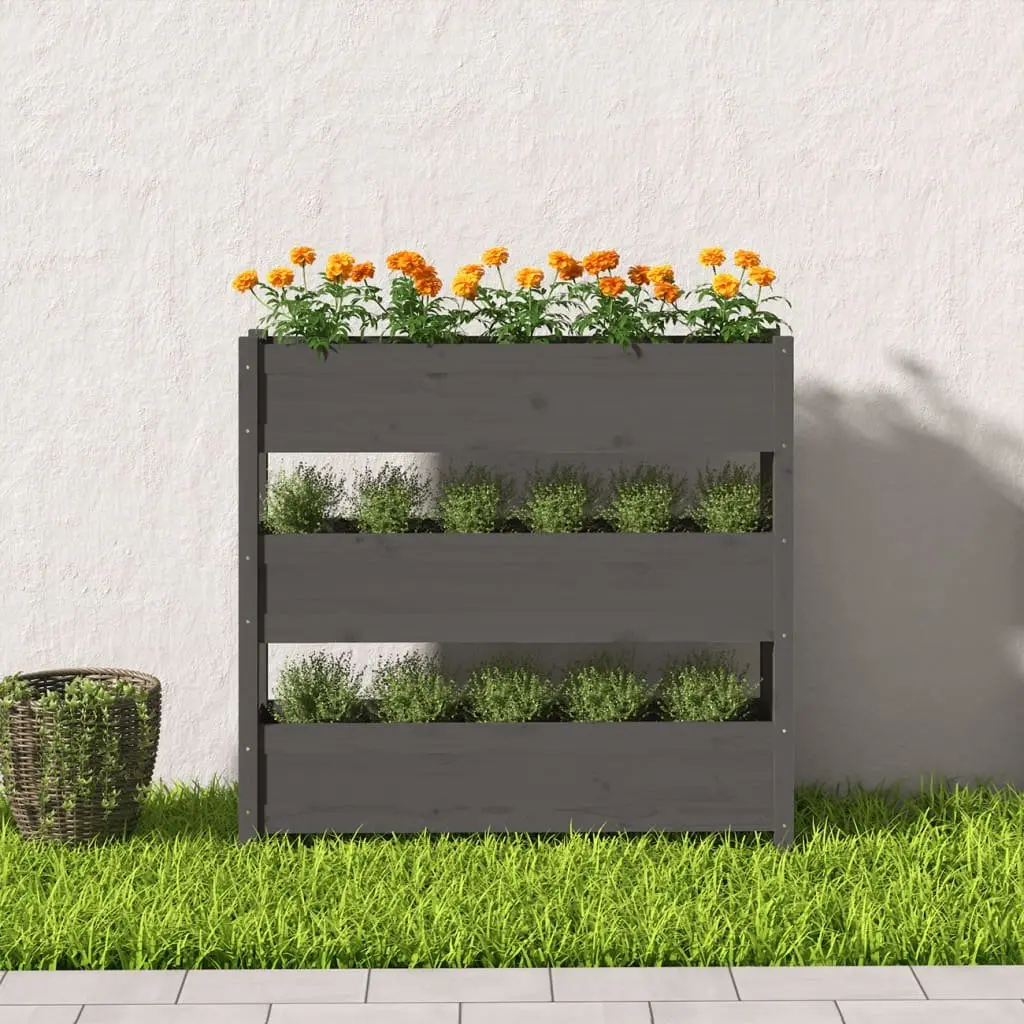 Wooden Planter Grey Raised Garden Bed 3 Flower Boxes Solid Pine 112 x 25 x 104.5 cm