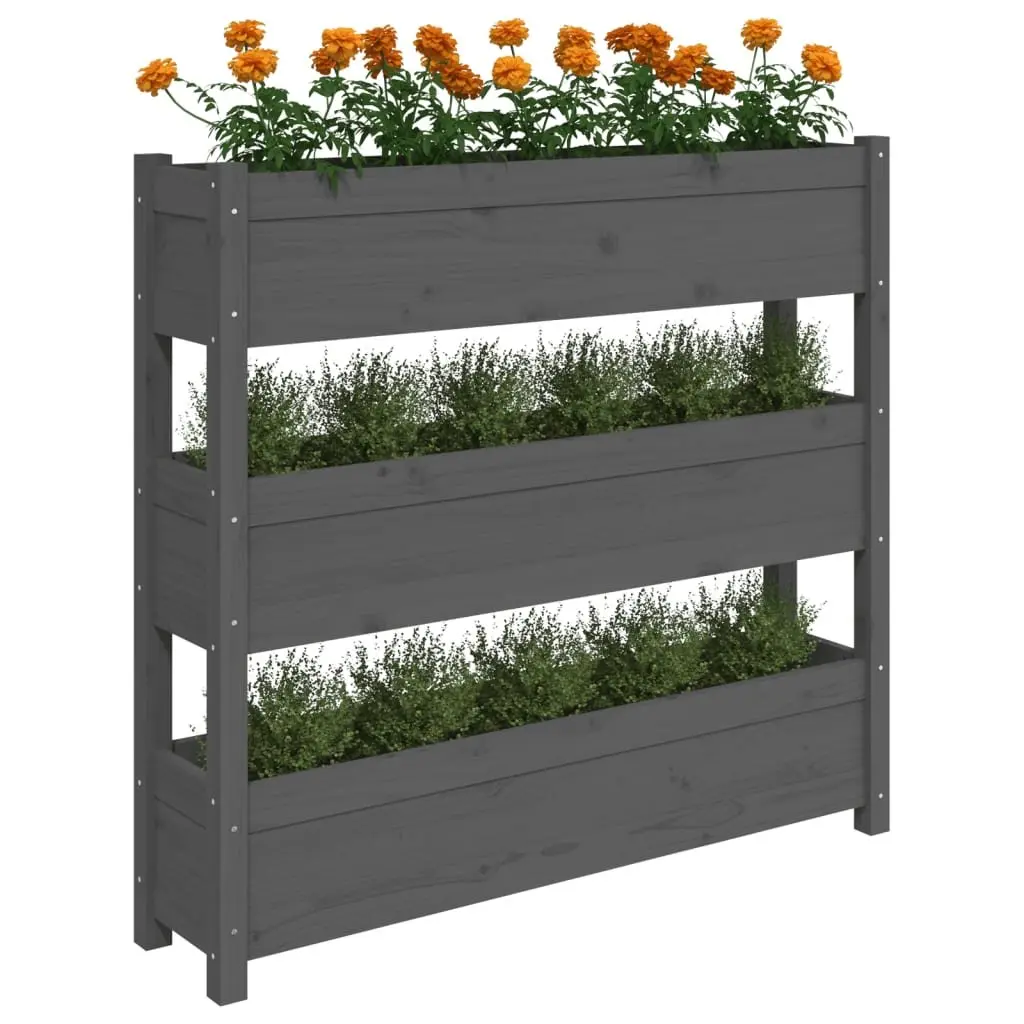 Wooden Planter Grey Raised Garden Bed 3 Flower Boxes Solid Pine 112 x 25 x 104.5 cm