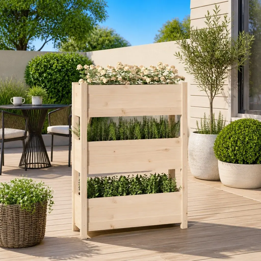 Planter Box 77x25x104.5cm Raised Garden Bed 3 Flower Boxes Solid Pine Wood