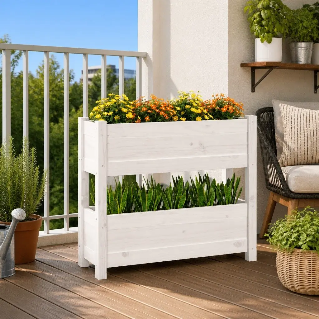 Wooden Planter Twin Flower Boxes White 77x25x66 cm