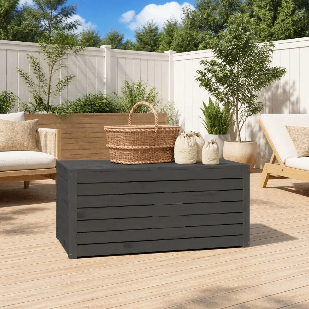 Garden Storage Box Grey Solid Pine Wood Hinged Lid 101 x 50.5 x 46.5 cm