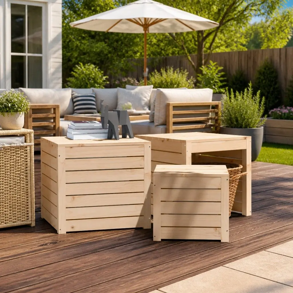 3 Piece Outdoor Storage Box Set Sturdy Pine Wood Garden Furniture Brown