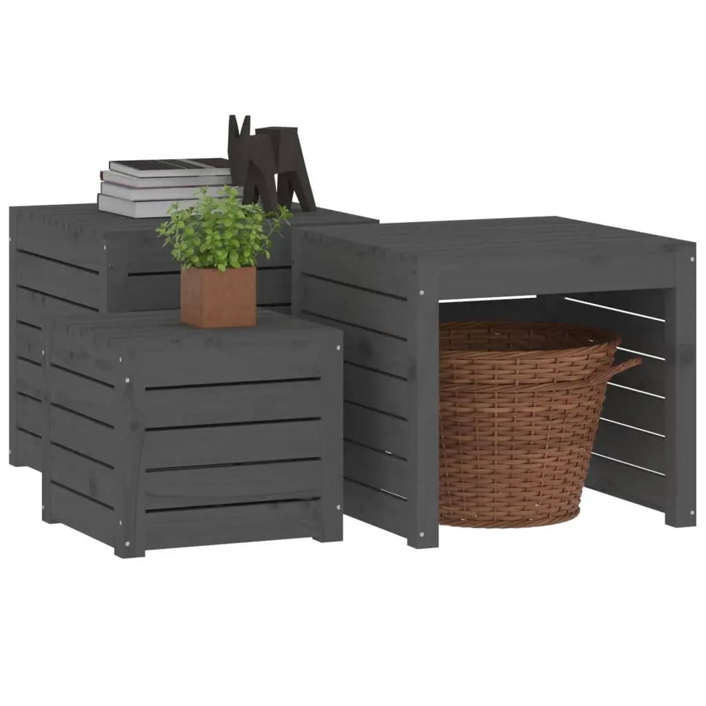 Garden Storage Box Set Grey Solid Pine Wood 3 Piece Outdoor Patio Furniture
