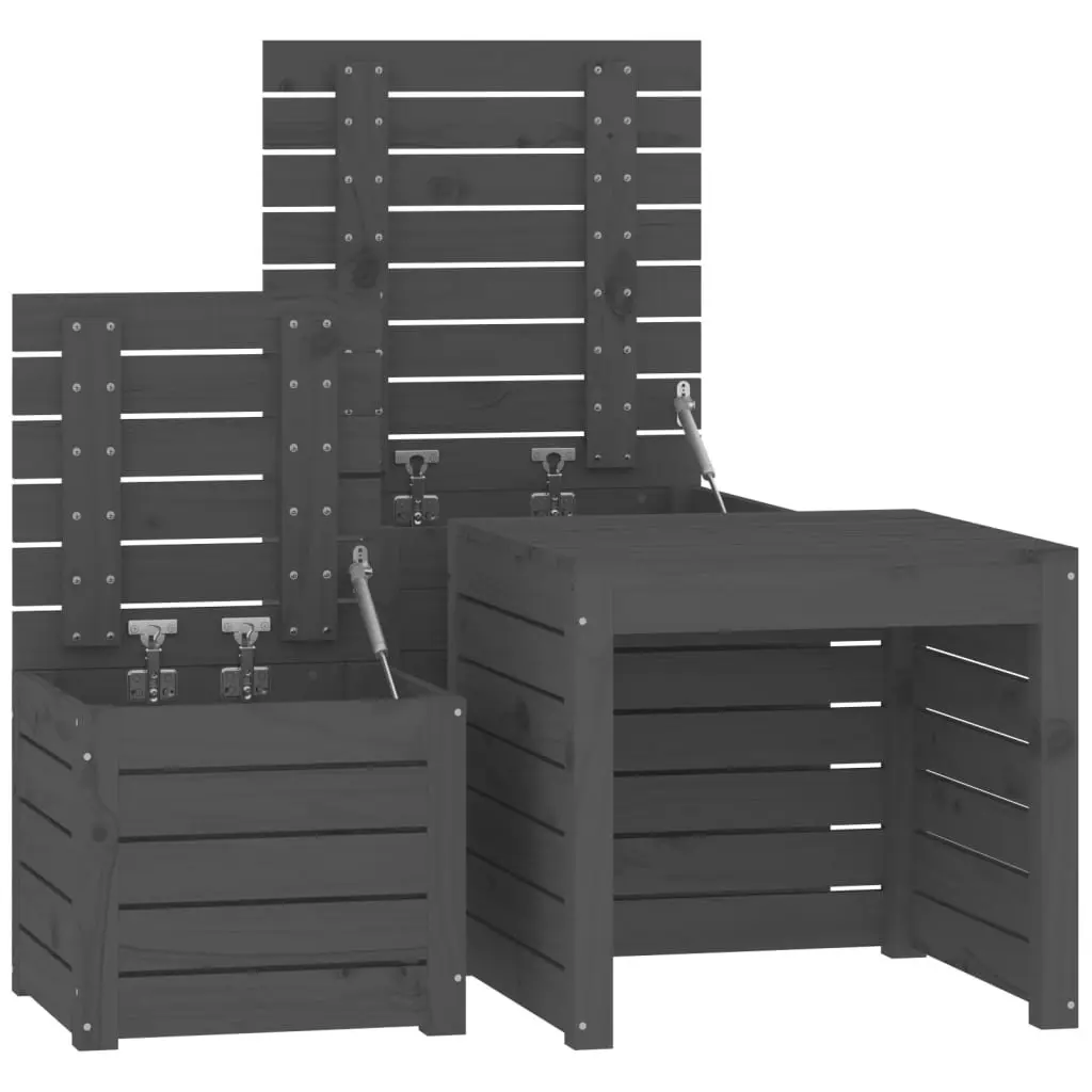 Garden Storage Box Set Grey Solid Pine Wood 3 Piece Outdoor Patio Furniture