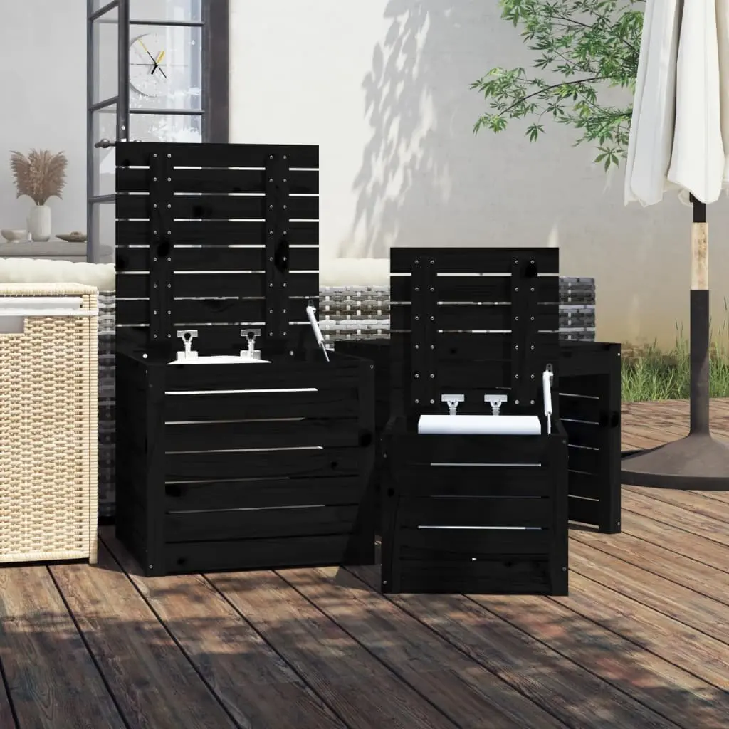 Garden Storage Box Set Solid Pine Wood Black 3 Piece Outdoor Furniture