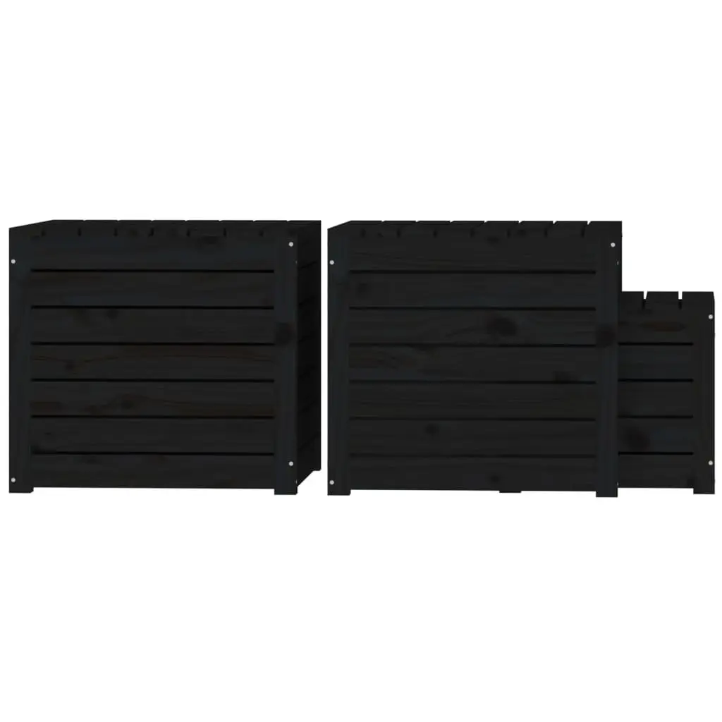 Garden Storage Box Set Solid Pine Wood Black 3 Piece Outdoor Furniture