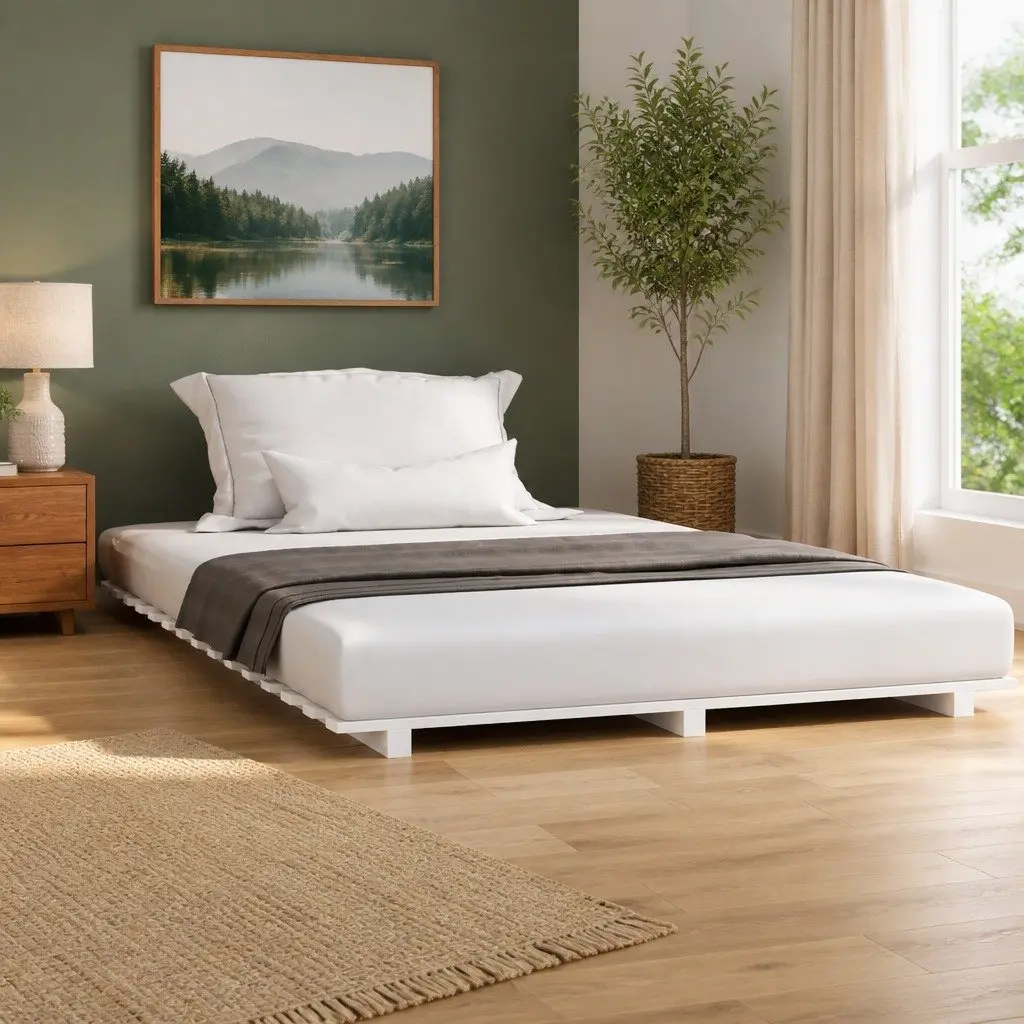 Bed Frame 150x200 cm White Solid Pine Wood Slatted Base Bedroom Furniture