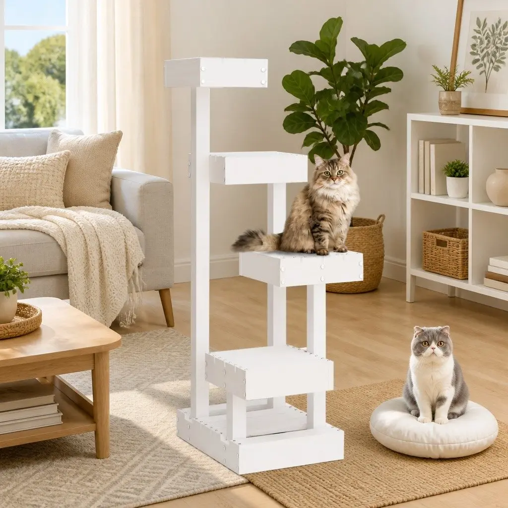 Cat Tree Multi-Level White Solid Pine Wood 4 Platform