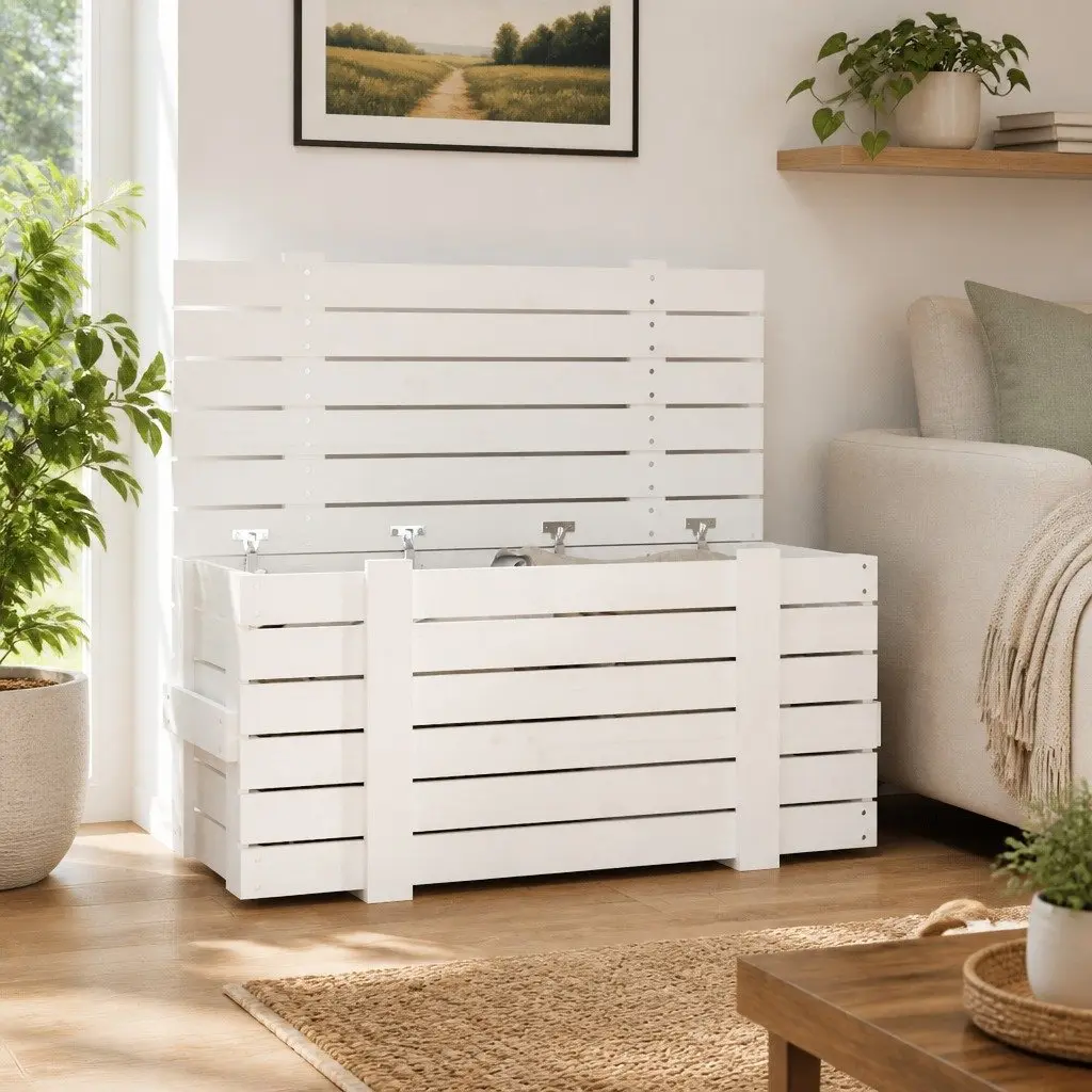 Storage Box White Solid Wood Pine Household Organiser Chest with Lid