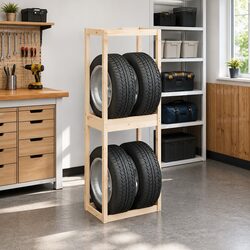 Tire Rack Solid Pine Wood Storage Shelf Garage Workshop Basement Organiser