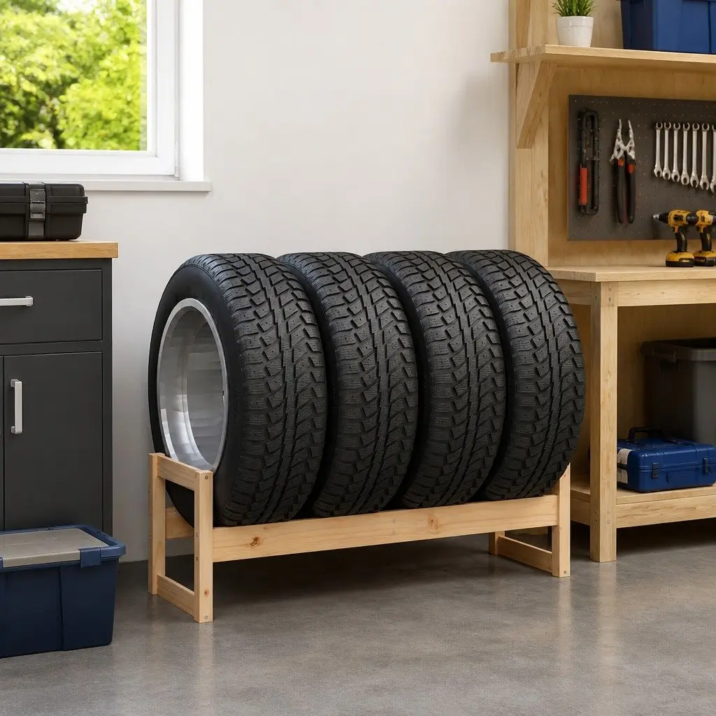 Tire Rack Storage Shelf Solid Wood Organiser 120x40x40cm