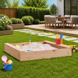 Wooden Sandbox with Seats Square Solid Pine Wood Outdoor Play Sand Pit Children