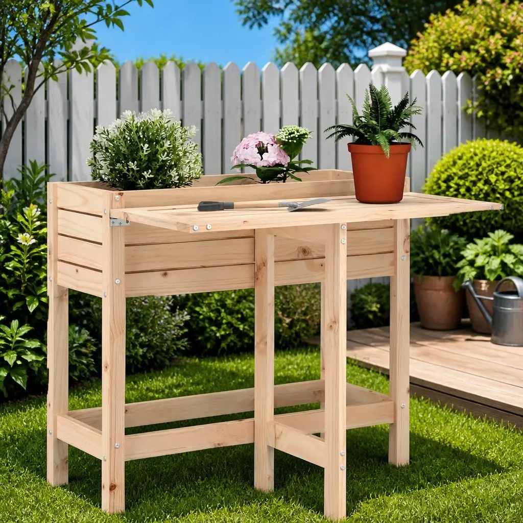 Garden Planter Elevated Solid Wood Pine Brown with Folding Tabletop