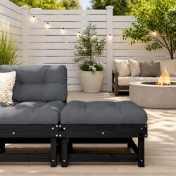 Garden Footstool with Cushion Black Outdoor Seating Patio Wooden Frame