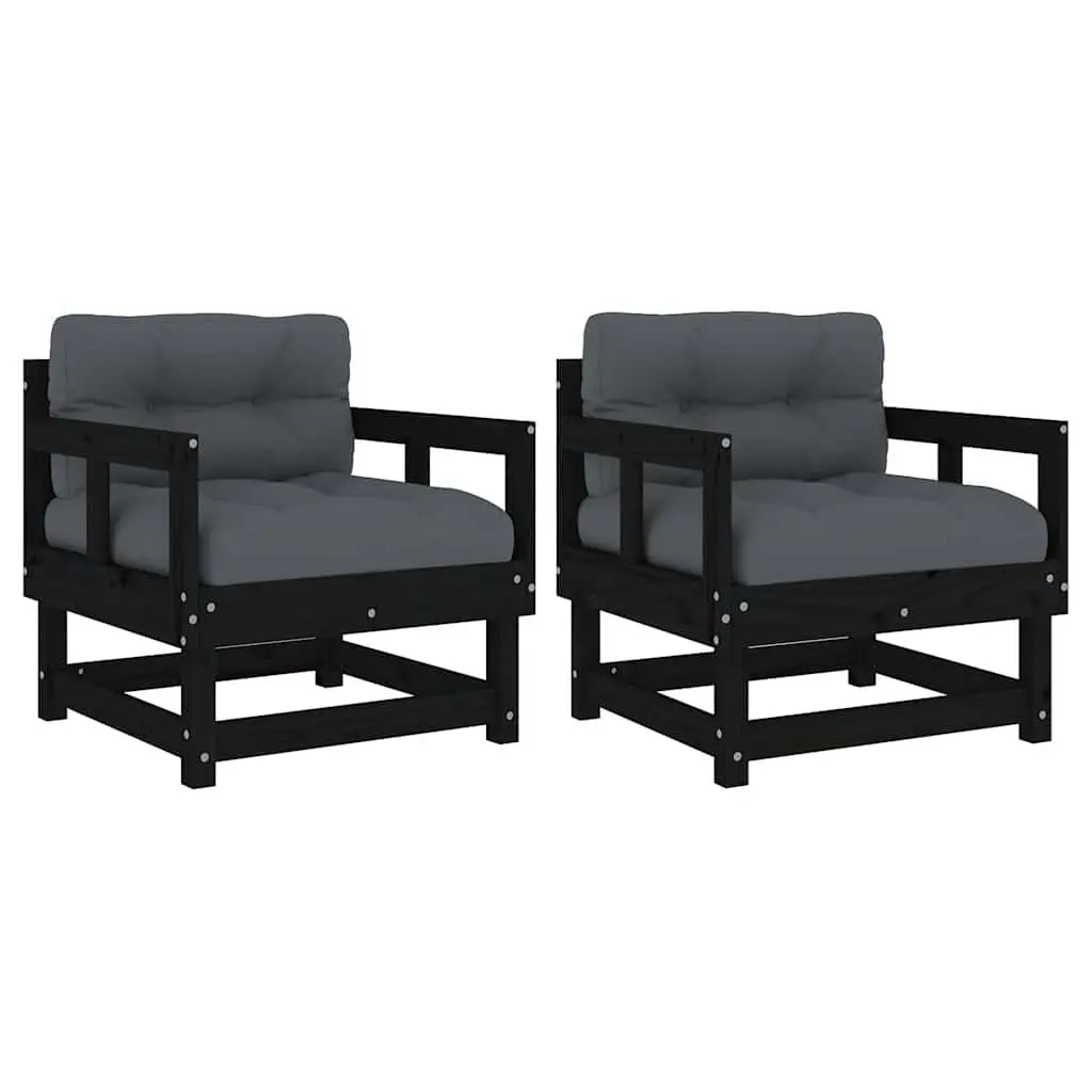 Garden Chairs with Cushions 2 pcs Black Wood Outdoor Seating Patio Lounge Set