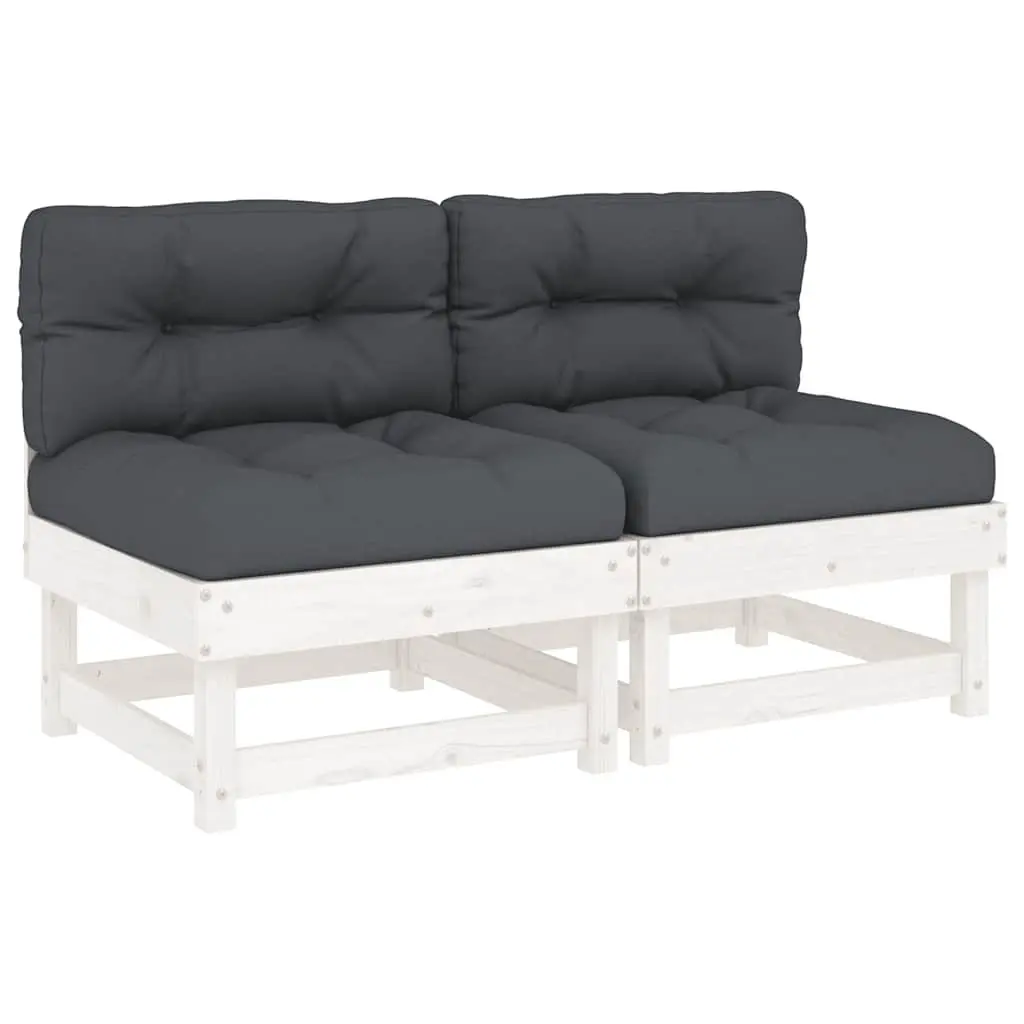 Outdoor Sectional Middle Sofas 2 pcs White Solid Pine Wood Garden Patio Seating