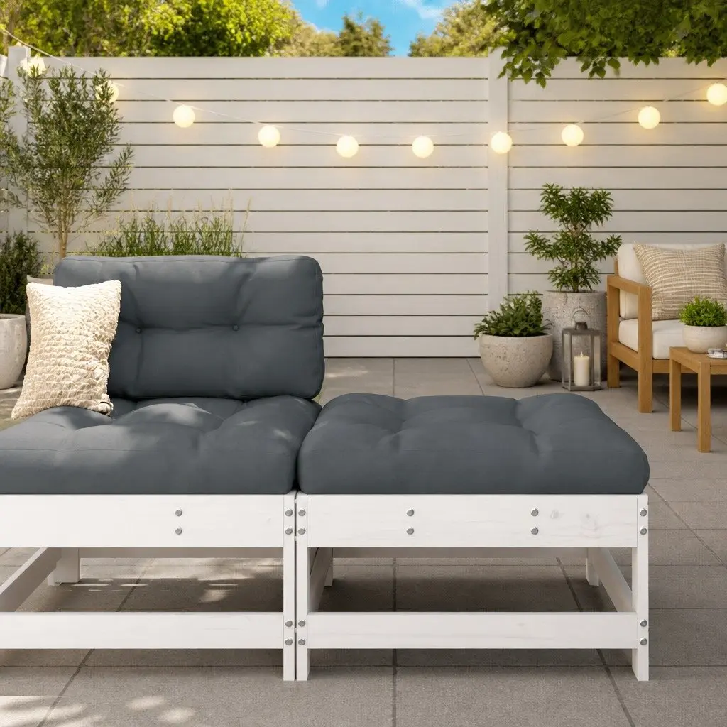 Garden Footstool with Cushion White Slatted Wood Outdoor Patio Seating