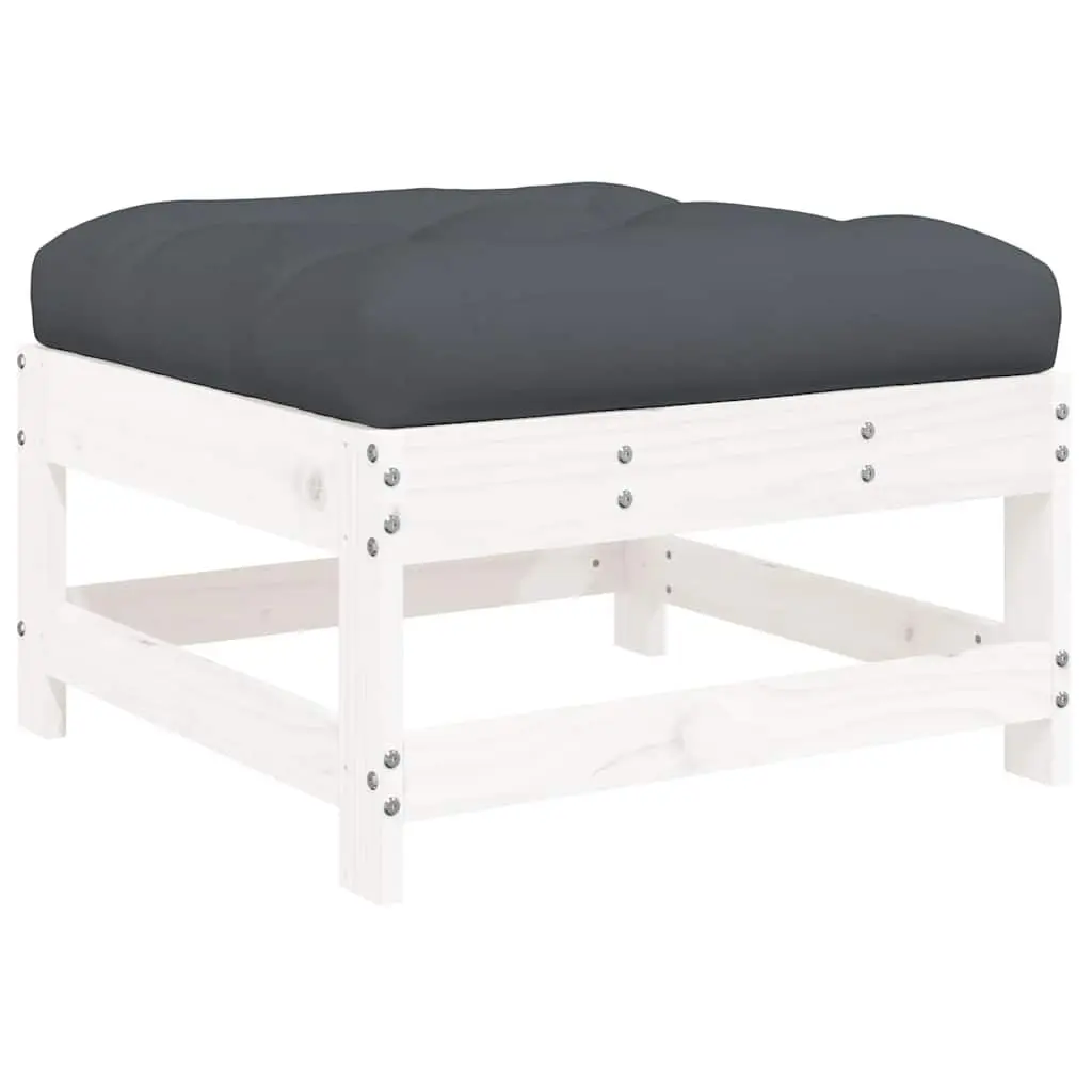 Garden Footstool with Cushion White Slatted Wood Outdoor Patio Seating