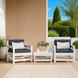 Two White Wooden Outdoor Chairs with Cushions for Relaxing