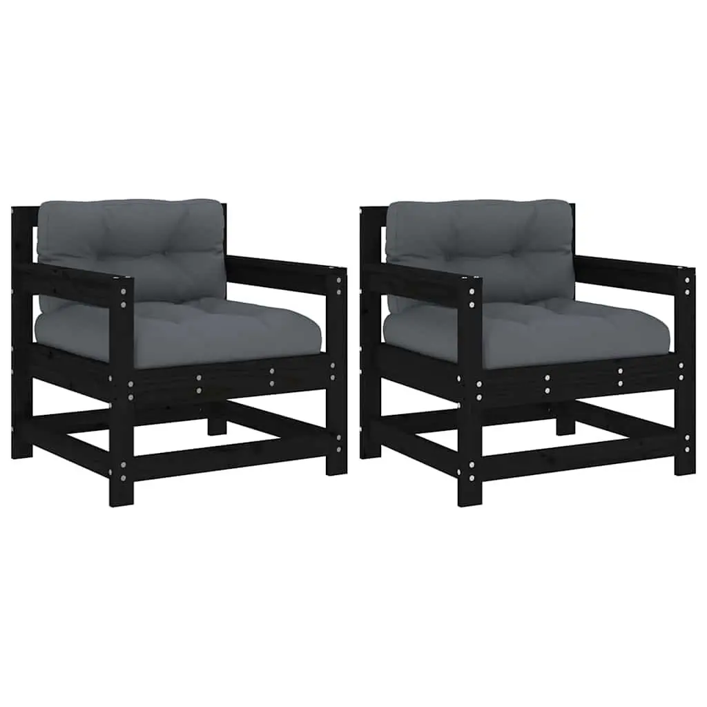 Outdoor Garden Chairs with Cushions 2 Pcs Black Wooden Patio Seating Set