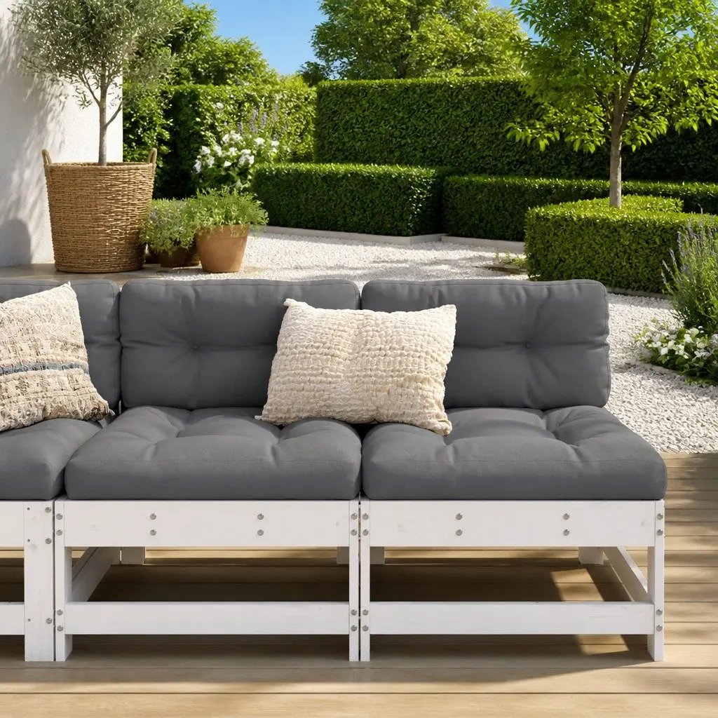 Outdoor Middle Sectional Sofa 2 pcs White Solid Wood Pine Garden Patio Cushions