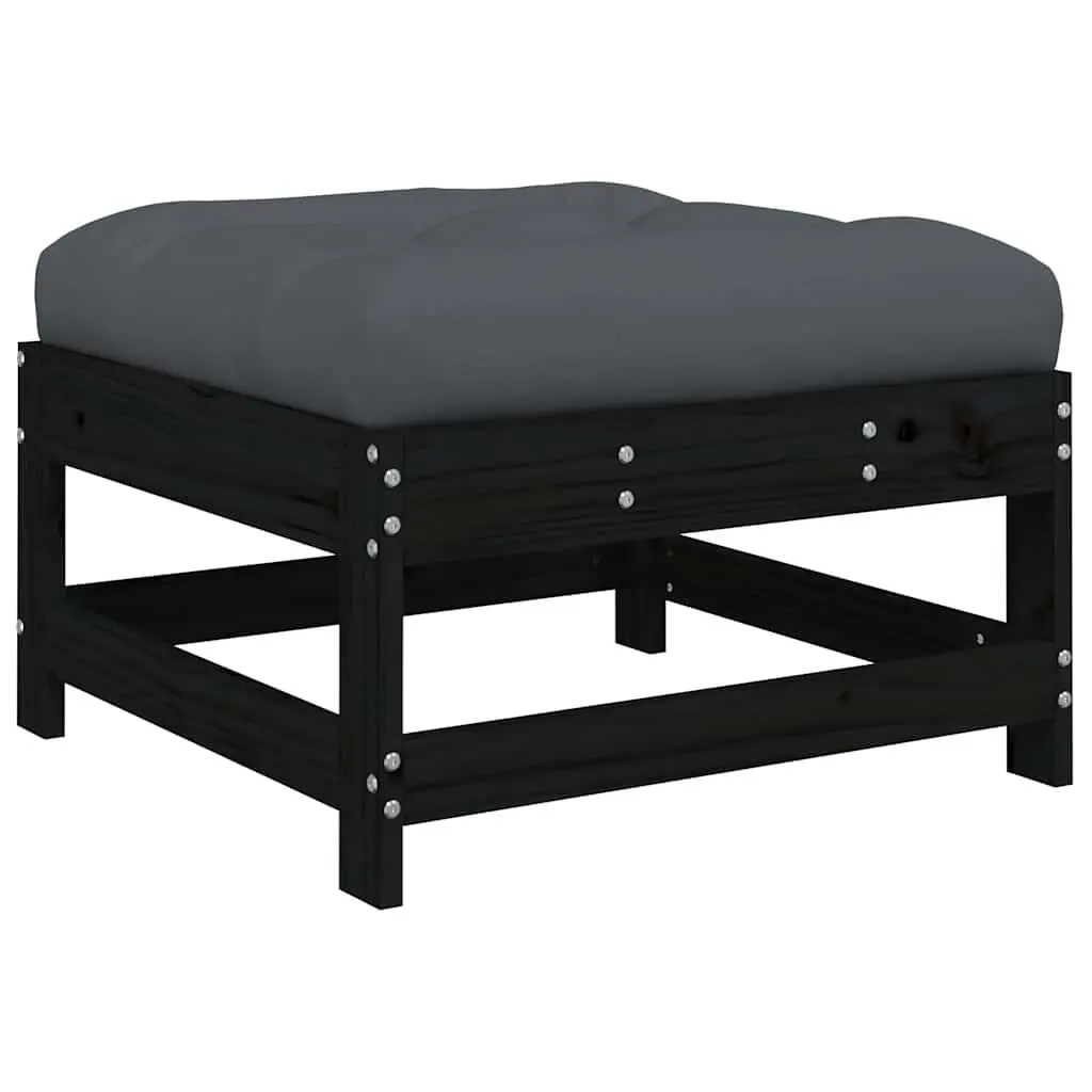 Outdoor Garden Footstools with Cushions Set of 2 Black Wood Patio Seating