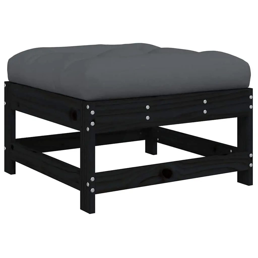 Outdoor Garden Footstools with Cushions Set of 2 Black Wood Patio Seating