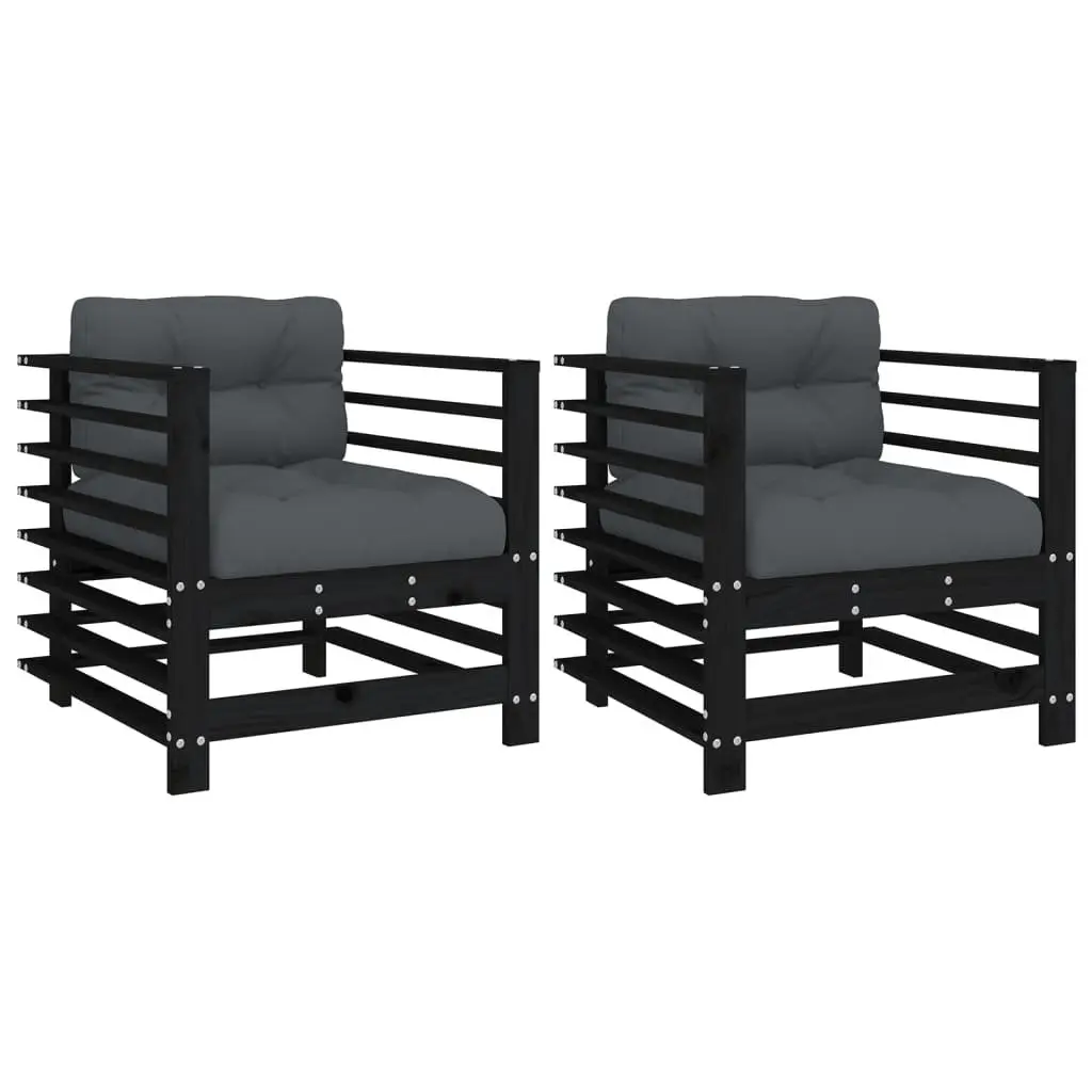 Outdoor Garden Chairs with Cushions 2 pcs Black Wood Patio Seating Set