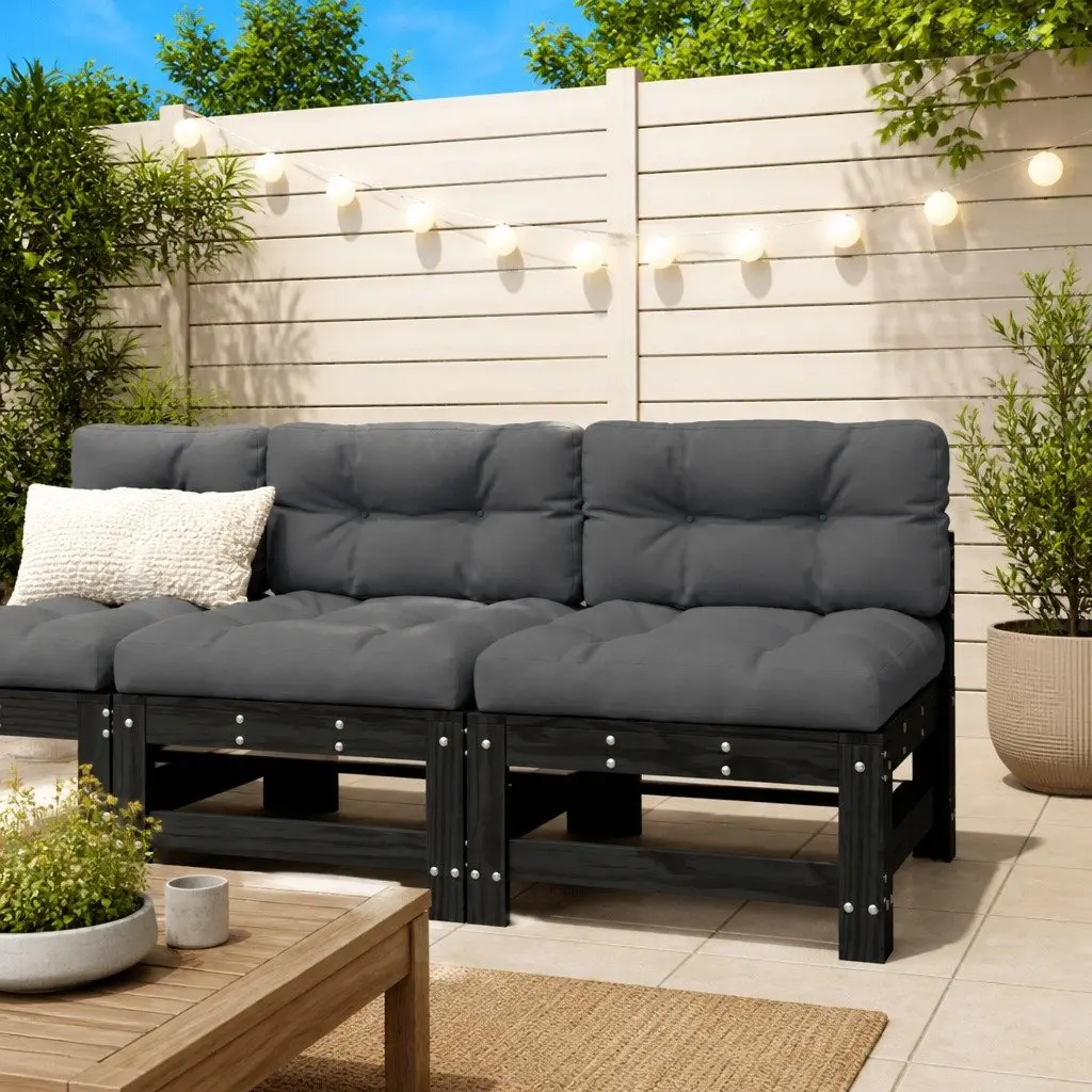 Outdoor Middle Sectional Sofa Unit 2pc Black Solid Pine Wood Modular Garden