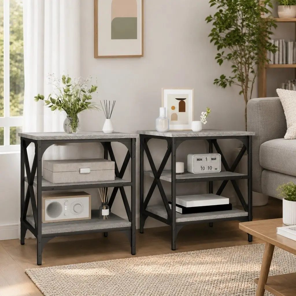 Grey Engineered Wood End Tables 2 Piece Storage Accent Side Tables