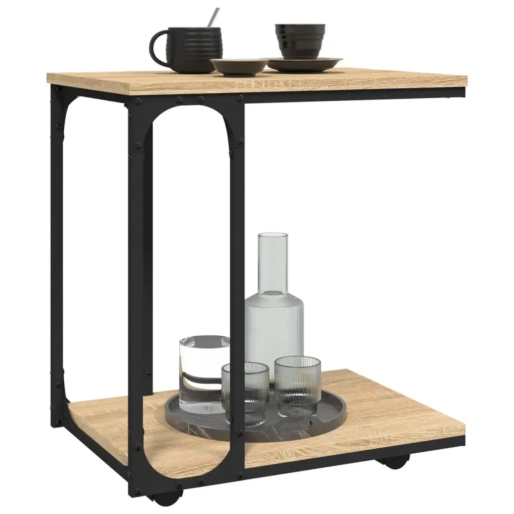 End Table with Wheels Engineered Wood Storage Accent Side Table Brown C-Shape