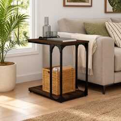 Friendly Brown Oak End Table with Steel Frame