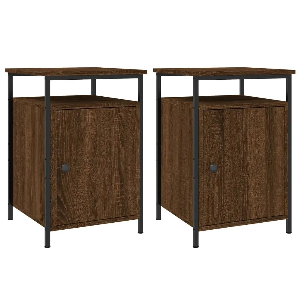 Bedside Cabinets Compact Brown Oak Engineered Wood 2 Piece Bedroom Storage Tables