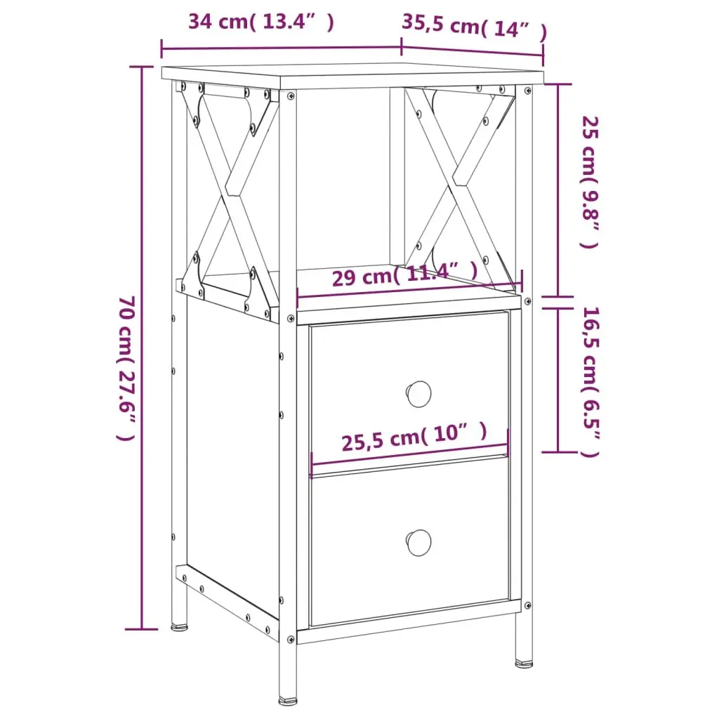 Bedside Cabinets Compact Brown Engineered Wood 34x35.5x70 cm 2 Piece Storage Nightstands