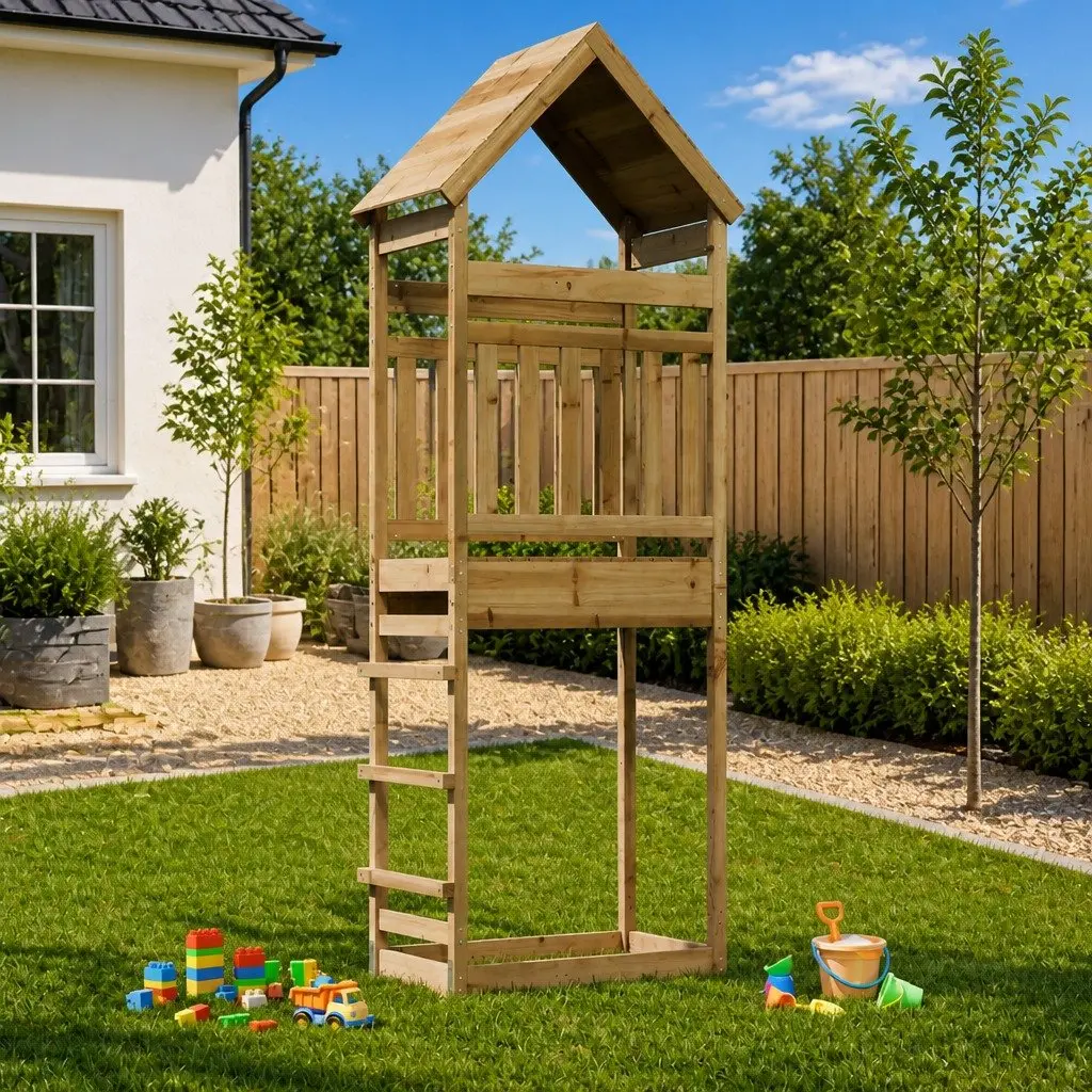 Wooden Outdoor Play Tower Backyard Playhouse Garden Climbing Structure Kids