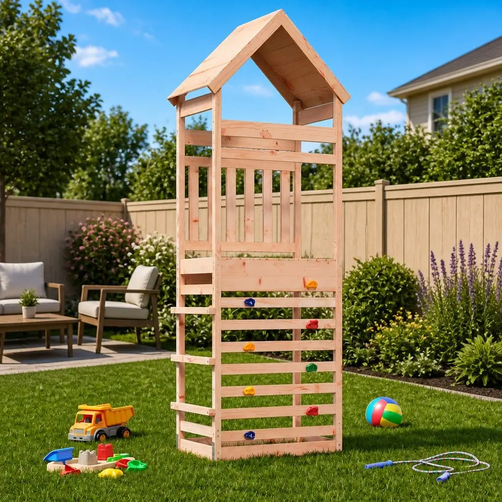 Kids Outdoor Play Tower Backyard Climbing Frame Wooden Railings Shaded Roof