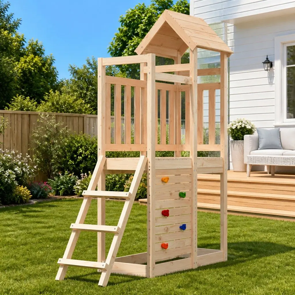 Wooden Playset with Rockwall and Ladder Brown
