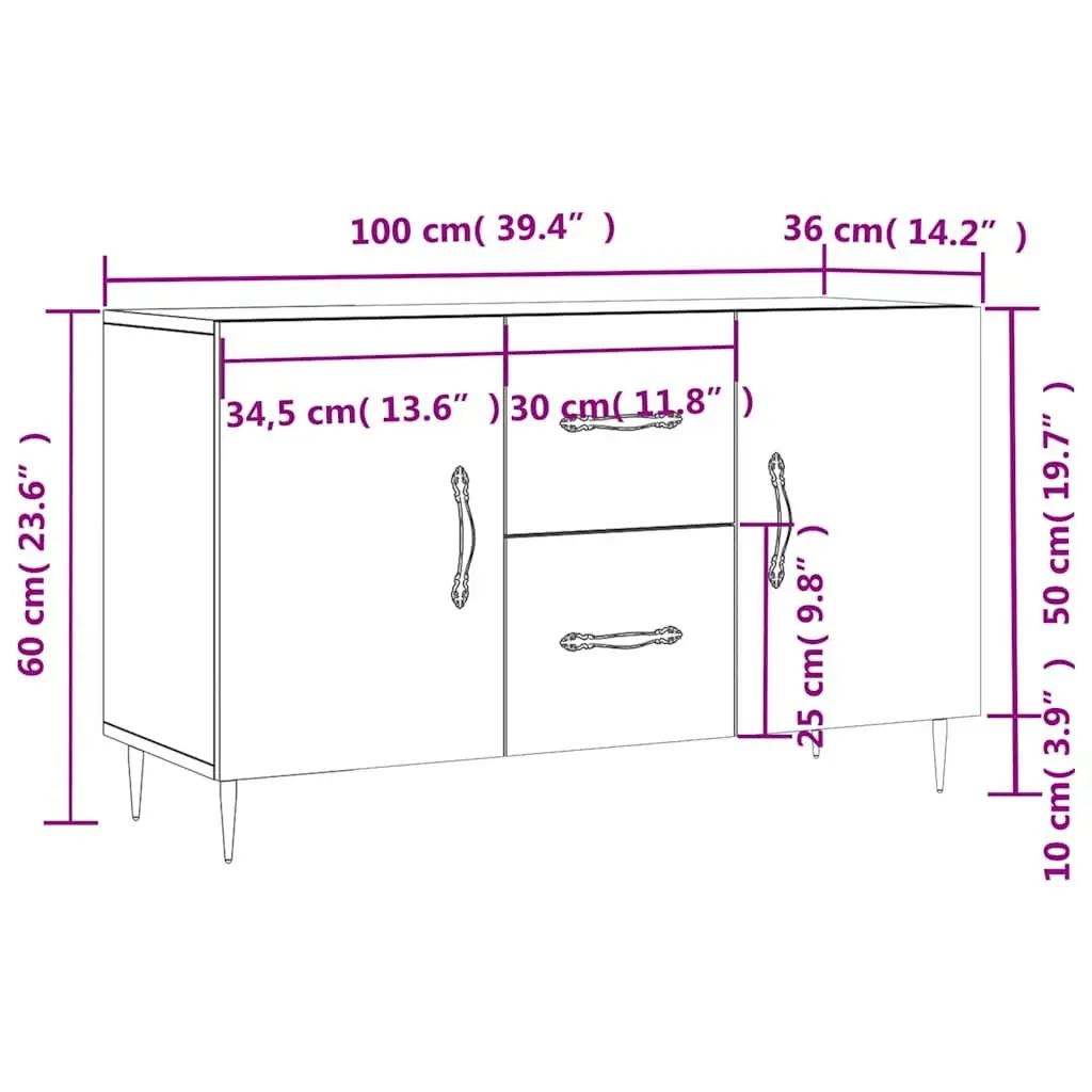 Sideboard White Engineered Wood Storage Cabinet with Metal Legs 100 x 36 x 60 cm