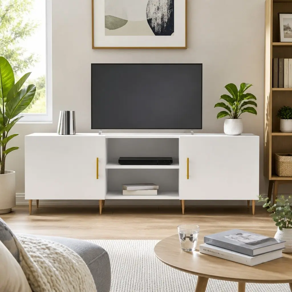 White TV Stand Engineered Wood Media Unit with Storage 150x30x50cm