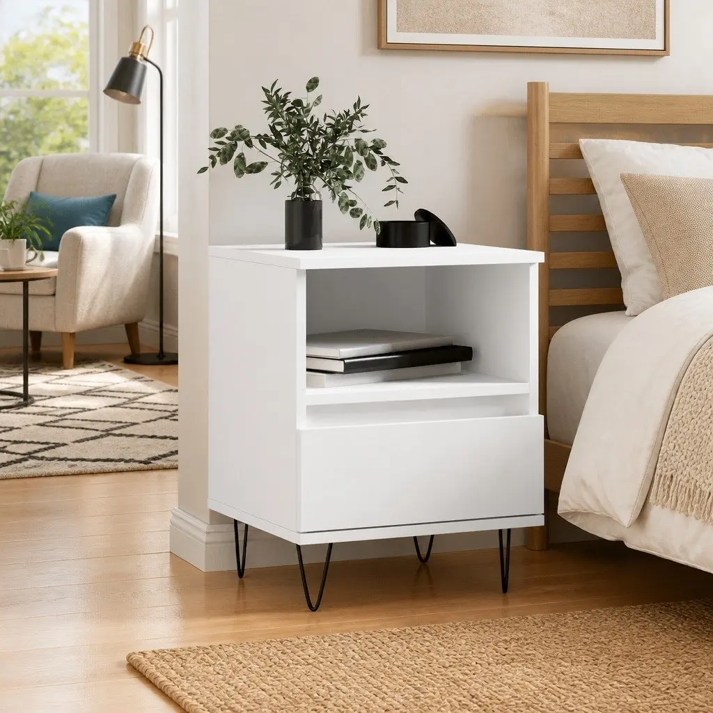 White Engineered Wood Nightstand Bedside Cabinet with Drawer and Storage Compartment 40x35x50cm