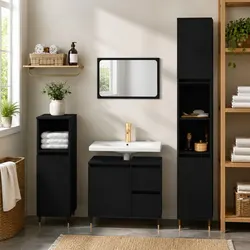 Bathroom Cabinet Black 30x30x190cm Engineered Wood Storage with Shelves Doors