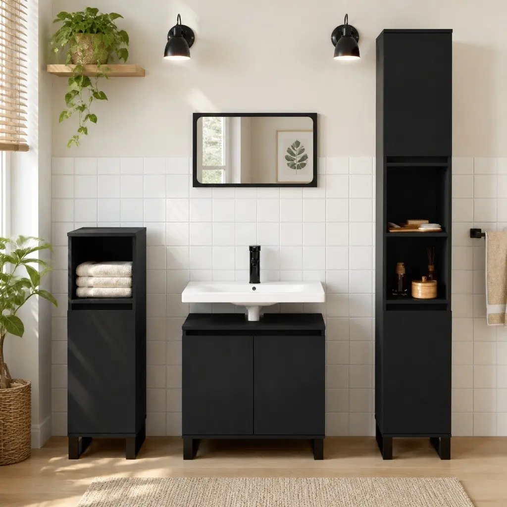 Bathroom Cabinet Black 30x30x190 cm Tall Storage Cupboard with Doors and Shelves