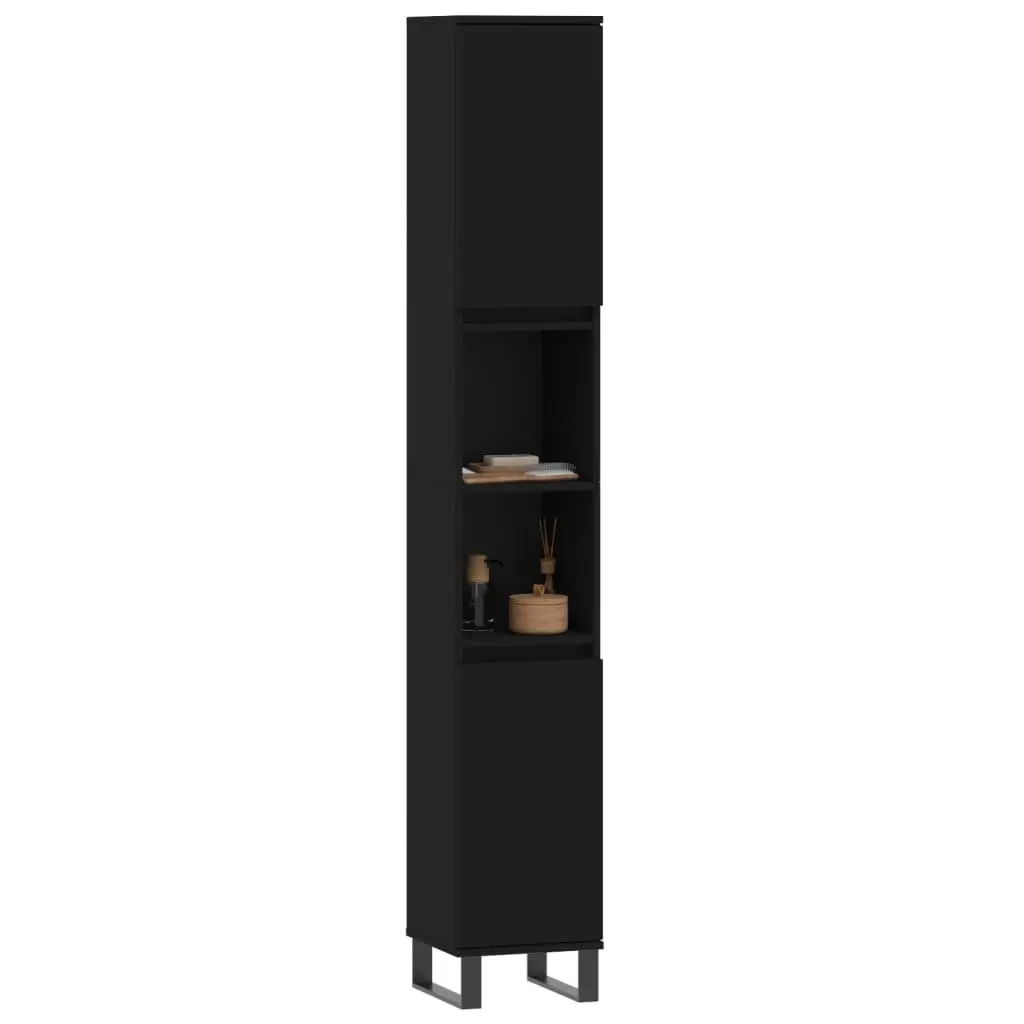 Bathroom Cabinet Black Tall Storage Cupboard 30x30x190 cm with Doors and Shelves
