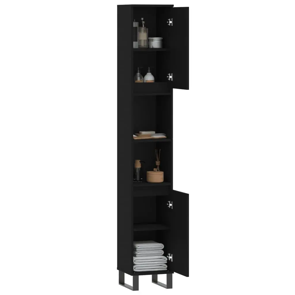 Bathroom Cabinet Black Tall Storage Cupboard 30x30x190 cm with Doors and Shelves