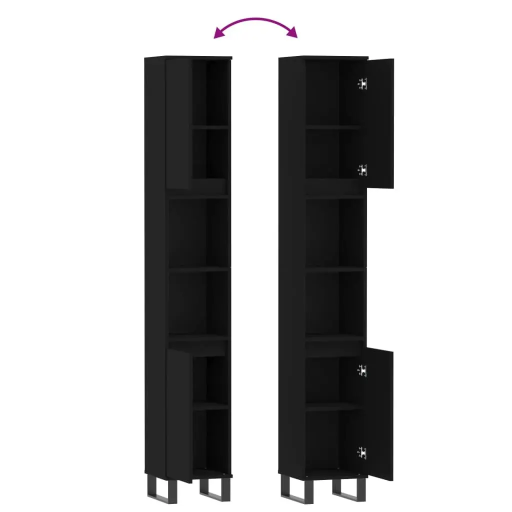 Bathroom Cabinet Black Tall Storage Cupboard 30x30x190 cm with Doors and Shelves