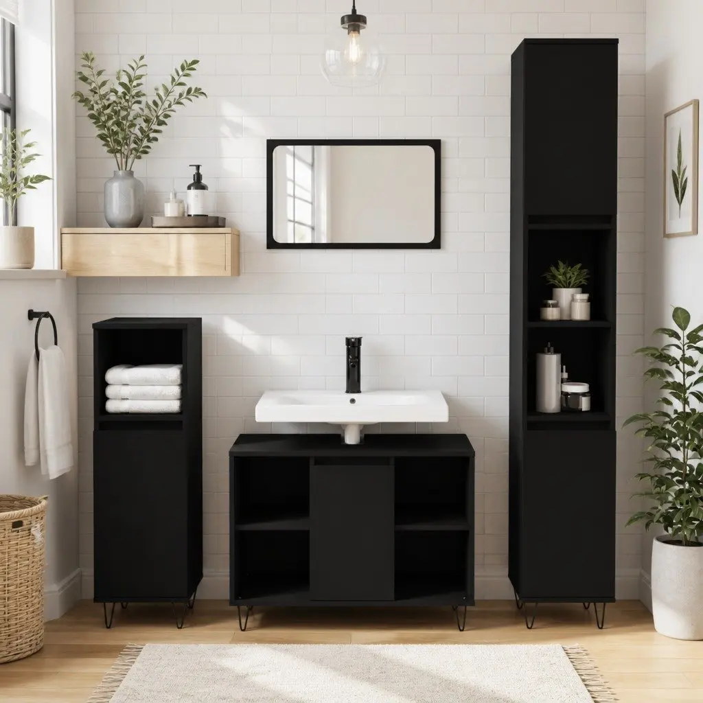 Bathroom Cabinet Black 30x30x100 cm Storage Cabinet with Door and Open Shelf