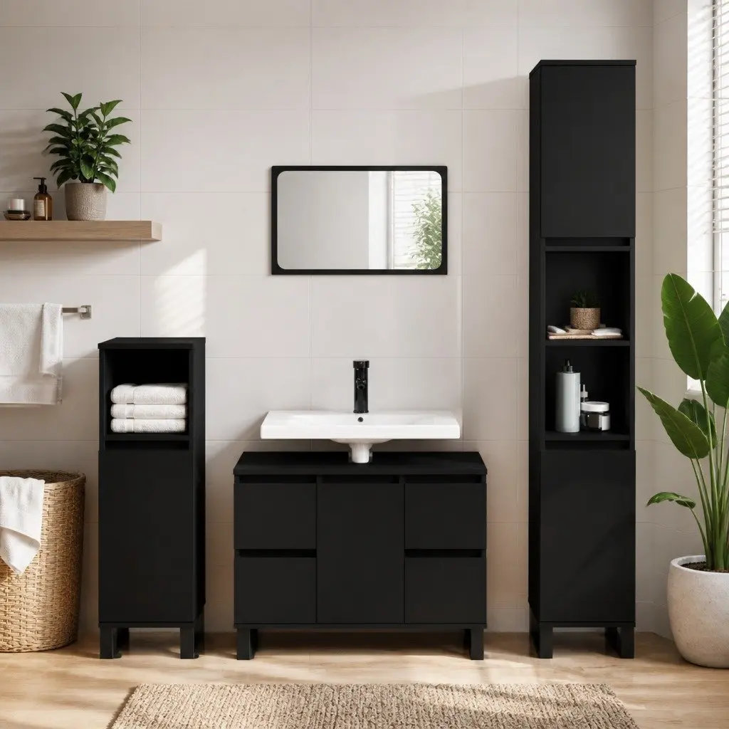 Black Bathroom Cabinet with Door and Shelf 30x30x100 cm Engineered Wood Storage Unit