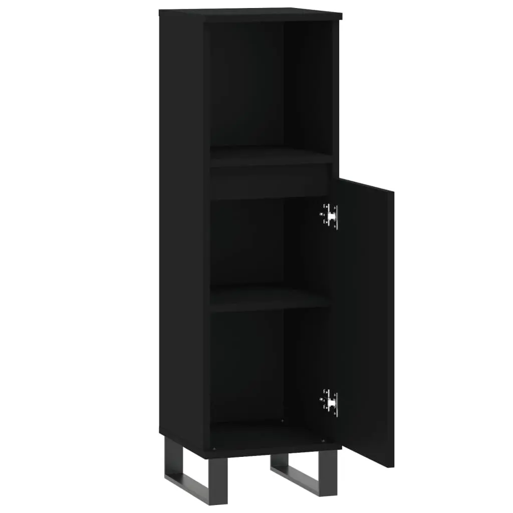 Black Bathroom Cabinet with Door and Shelf 30x30x100 cm Engineered Wood Storage Unit